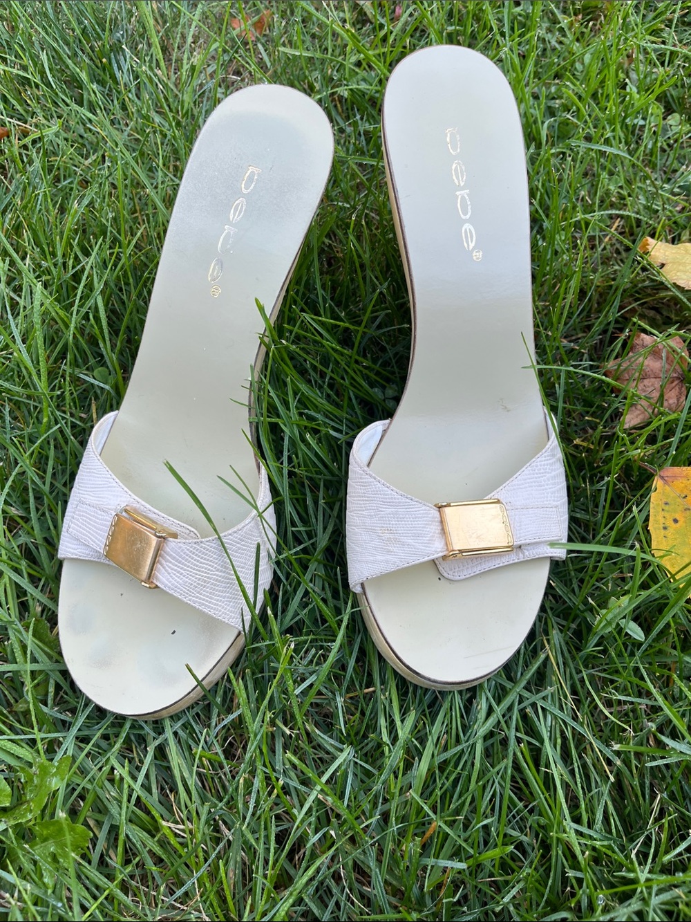 bebe Cream Slide Mules with Gold Buckle Y2K 8
